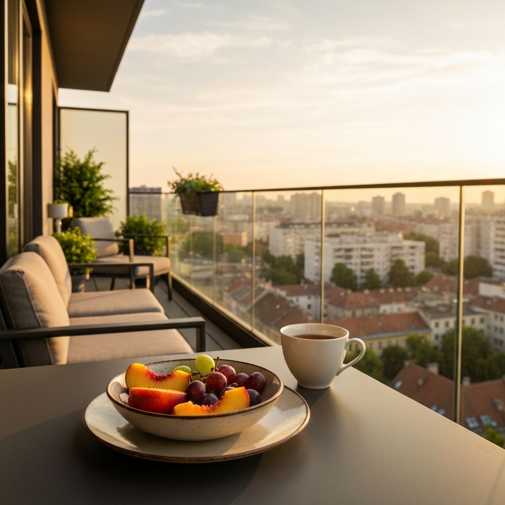 Popodnevni međuobrok na balkonu sa voćem u zlatnom suncu