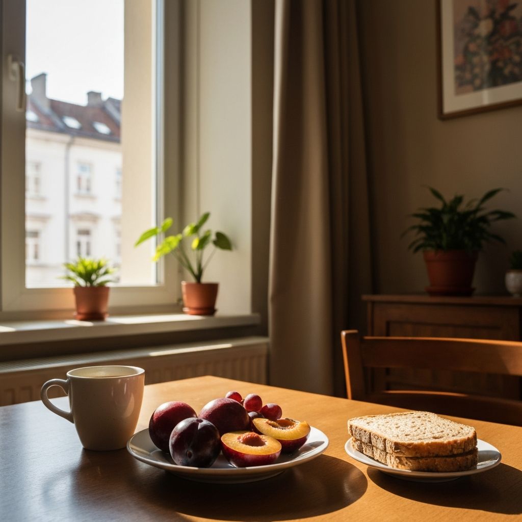 Doručak pored prozora sa kofom i svežim voćem u prirodnoj svetlosti